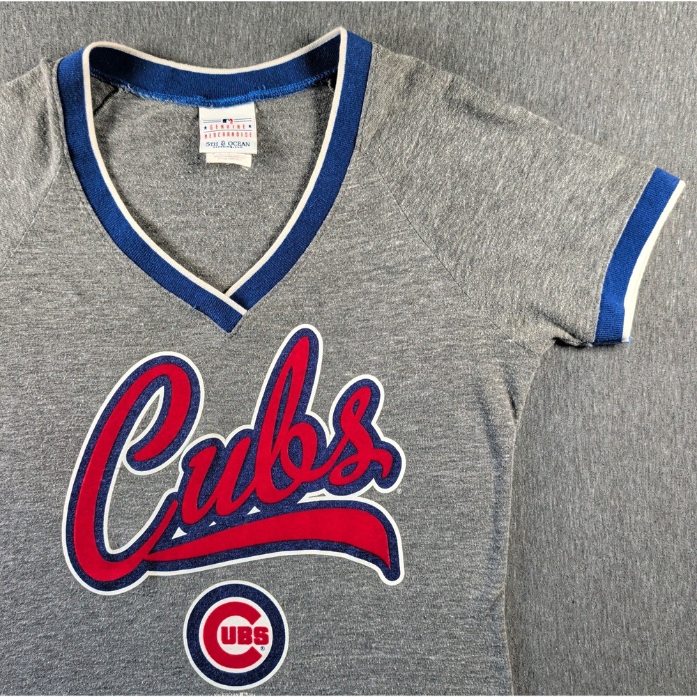 MLB Chicago Cubs Ringer Tee V Neck Retro Graphic Gray Blue Womens Sz S Blokecore